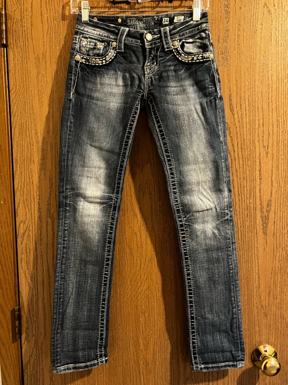 Miss Me Dark Blue Washed Rhinestone Embellished Straight Jeans